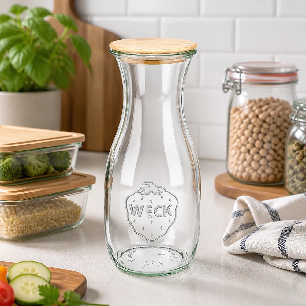 Frasco de sumo de 530 ml WECK RR60 com tampa de madeira Garrafa de sumo WECK 530ml RR60 com tampa de madeira em cozinhas modernas ao lado de legumes e leguminosas como solução de arrumação