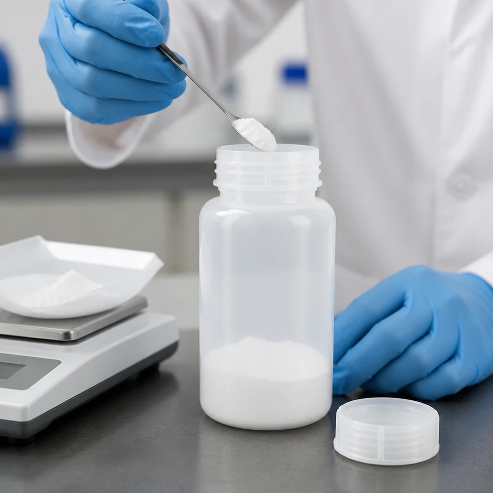 Frasco de laboratório de HDPE de gargalo largo com 1000 ml, cheio de pó branco, ao lado de uma balança analítica no laboratório