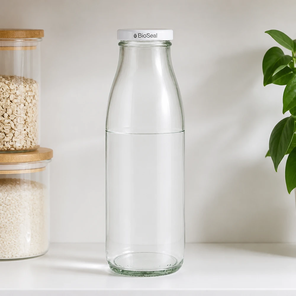 Garrafa de vidro de 500 ml com tampa BioSeal em ambiente de cozinha, ao lado de frascos de armazenamento com muesli e planta verde