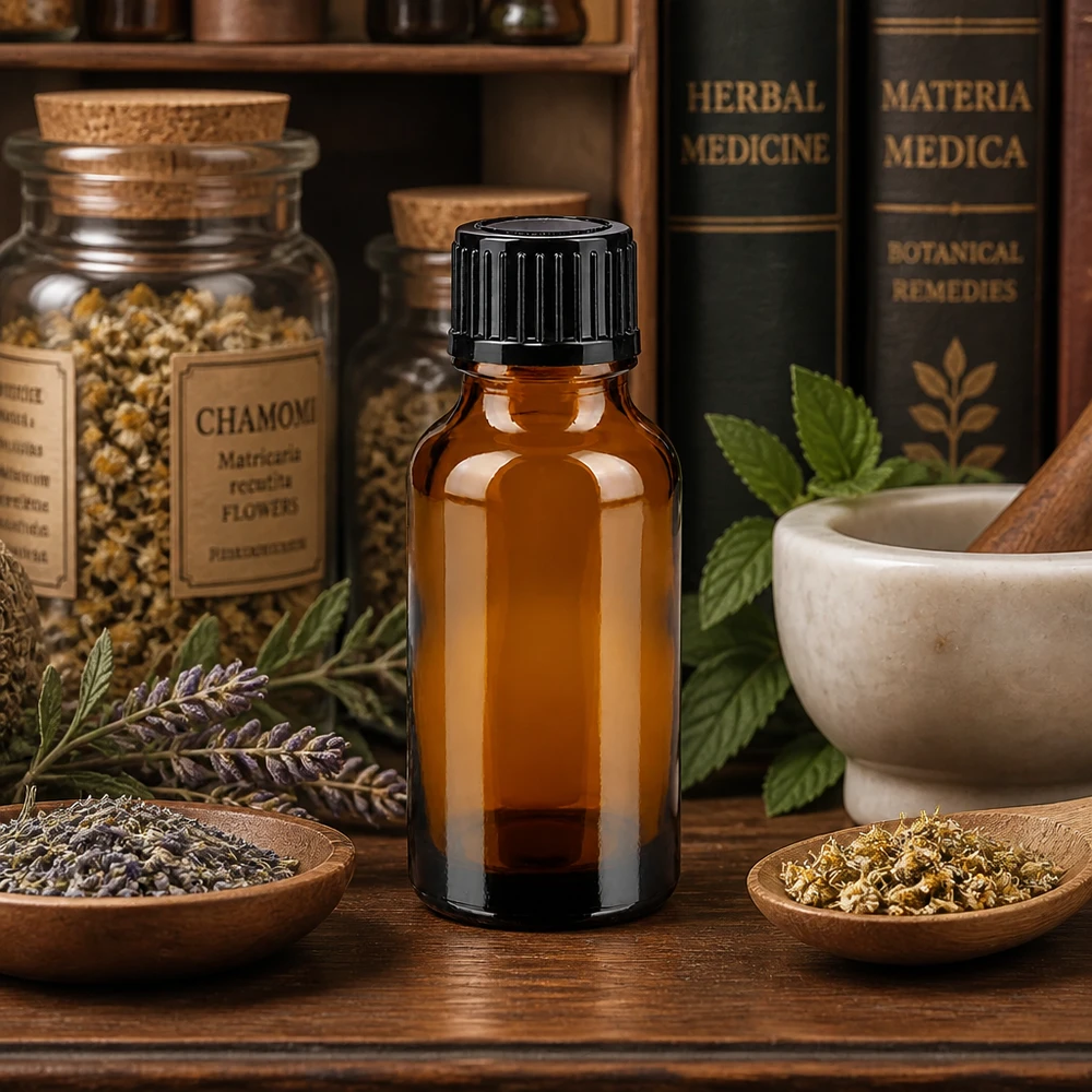 Frasco conta-gotas castanho de 20 ml, em vidro de farmácia, com tampa preta, entre ervas e plantas medicinais