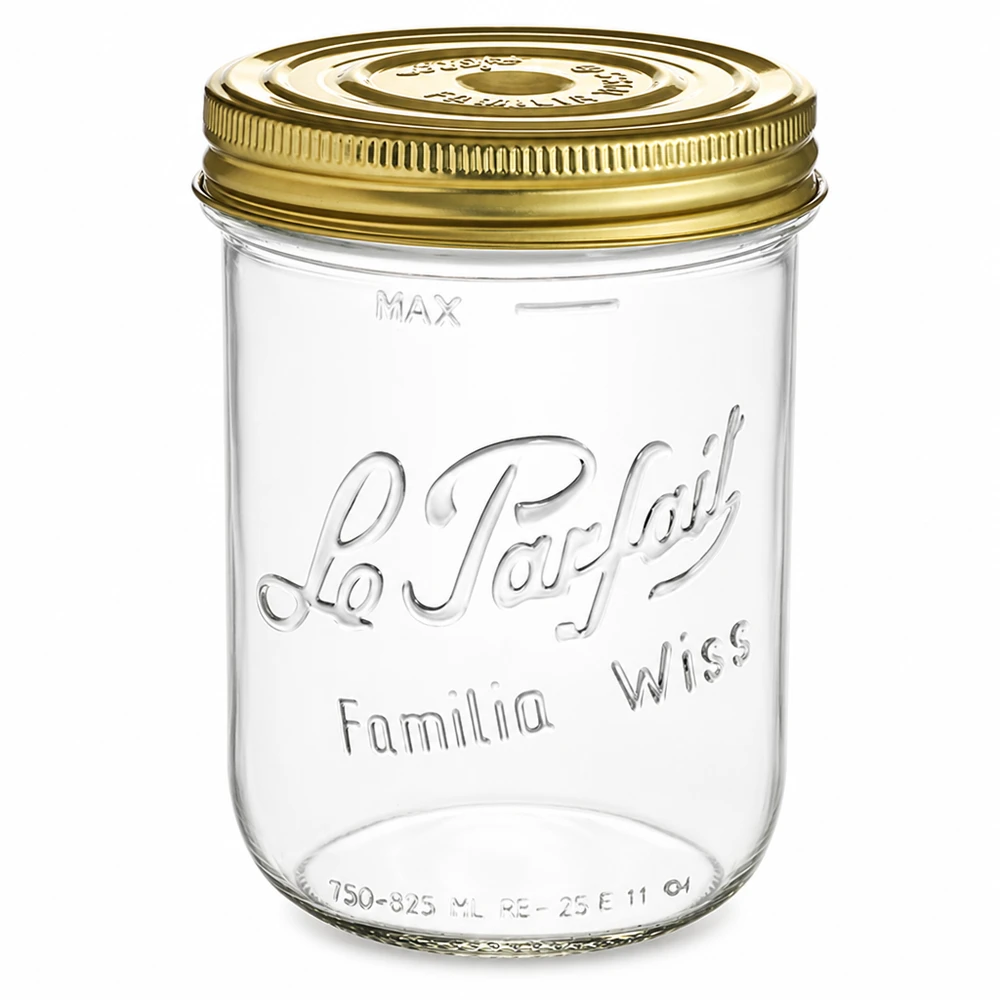 1020ml Sturzglas "Familia Wiss" 2-teiliges Deckelsystem Le P Familia Wiss Frasco de vidro de 1020 ml com tampa de rosca dourada Frasco de conserva Le Parfait para conservas