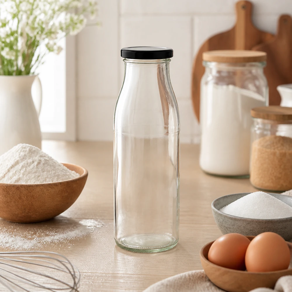 Frasco de vidro de 500 ml + tampa BasicSeal preta UNiTWIST Garrafa de vidro de 500 ml com tampa preta num cenário de cozinha natural com ingredientes de pastelaria e taças de madeira