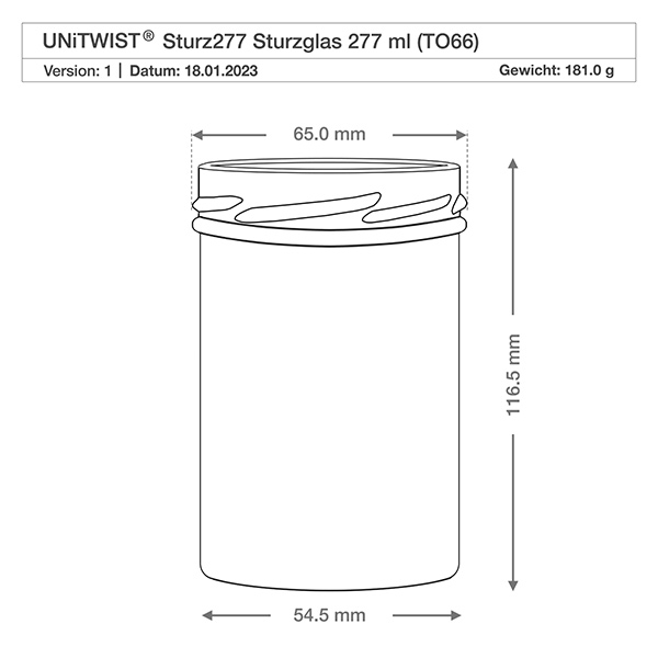 Copos de vidro de 277 ml sem tampa (TO66) UNiTWIST UNiTWIST Sturz277 copos 277ml TO66 com desenho técnico Dimensões 65mm diâmetro 116,5mm altura Peso 181g
