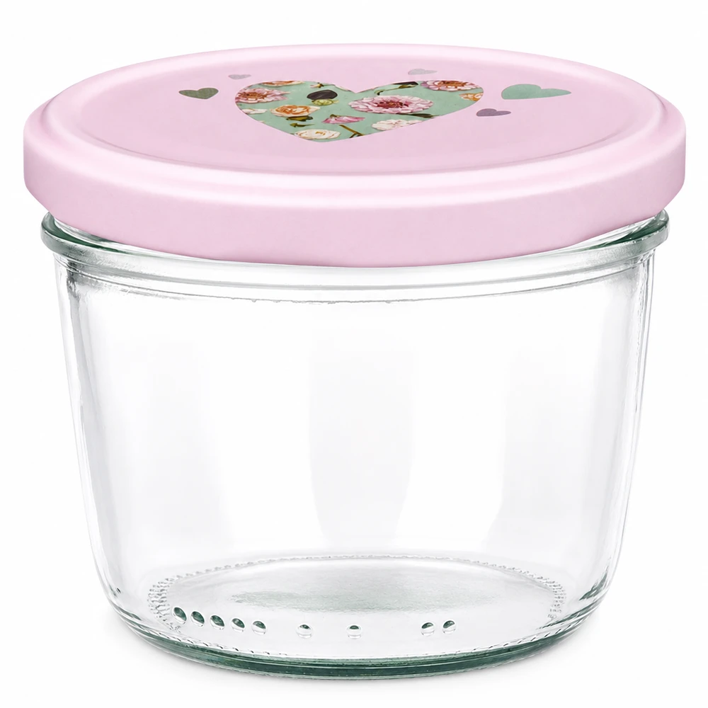 Copos de vidro de 230 ml + tampa BasicSeal cor-de-rosa UNiTWIST Frasco de vidro de 230 ml com tampa BasicSeal cor-de-rosa frasco de compota com motivo de coração frasco de conserva vazio