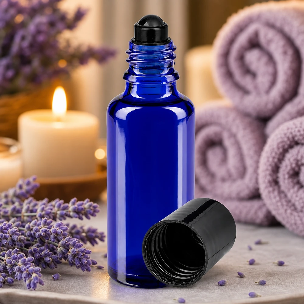 Frasco de farmácia azul 30ml com tampa de rosca preta Frasco de vidro farmacêutico azul cobalto de 30 ml com aplicador de rolo e tampa preta, ao lado de flores de lavanda e velas