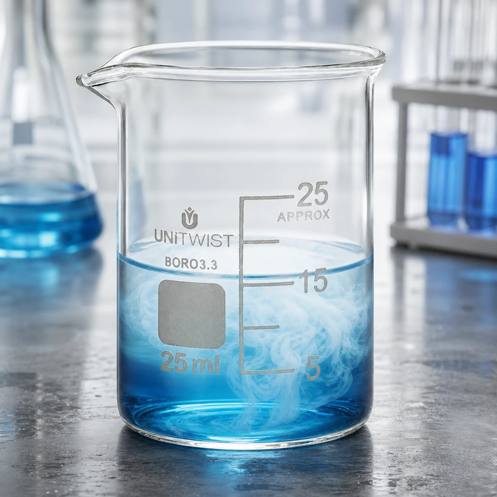 Copo de vidro de borossilicato transparente de 25 ml com um líquido azul e formação de vapor no laboratório