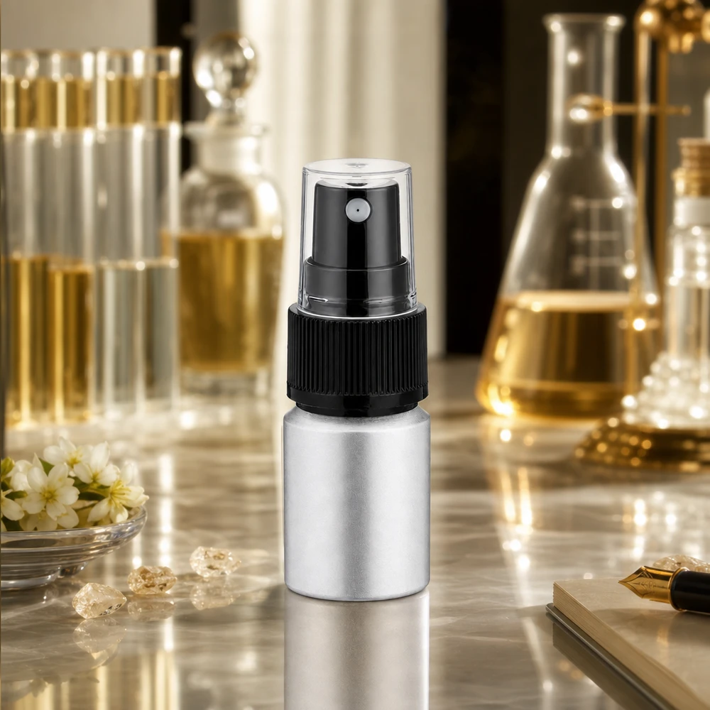 Frasco de alumínio polido de 10ml com atomizador Prático frasco de alumínio de 10 ml com cabeça de pulverização preta para cosméticos e perfumes para levar consigo