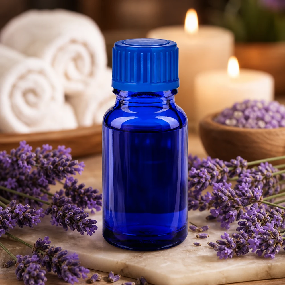 Frasco de vidro azul de 10 ml da série BlueLine com tampa padrão de 11 mm para aromaterapia