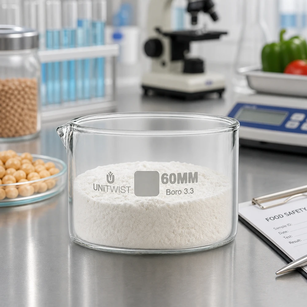 Bandeja de cristalização de 60 mm com pó branco num laboratório alimentar, com microscópio e balança