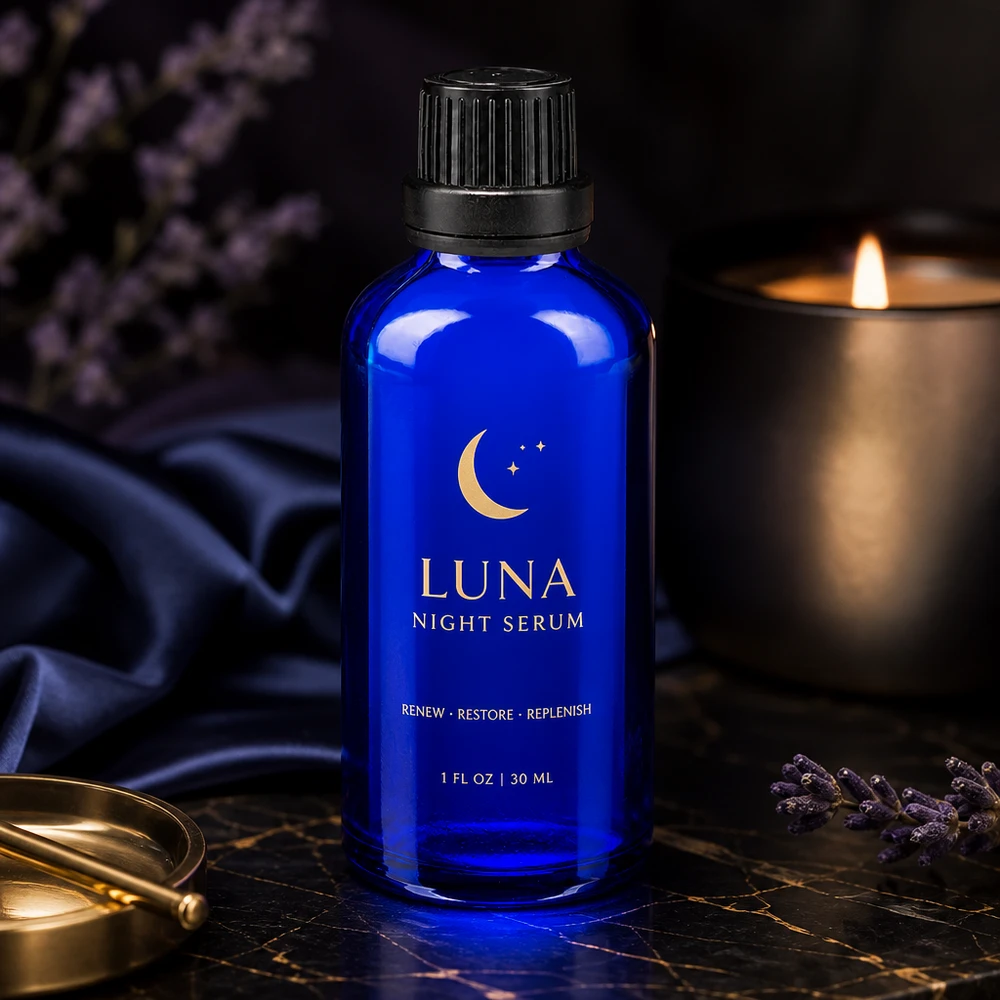 Frasco de vidro azul de 50 ml com tampa de rosca preta sobre mármore escuro com lavanda