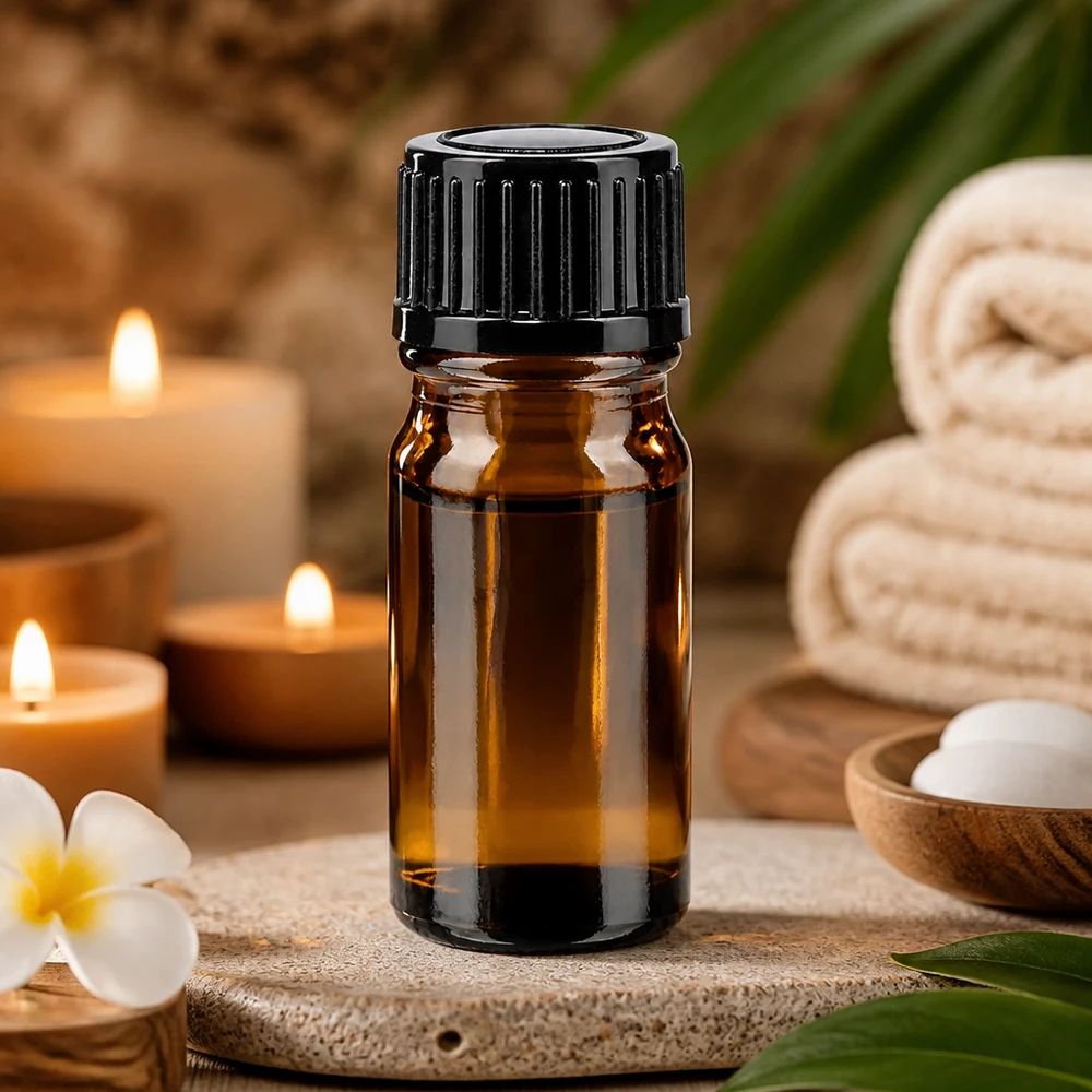 Frasco de vidro castanho de 5 ml com tampa de rosca preta, sobre uma pedra natural com plumeria e velas