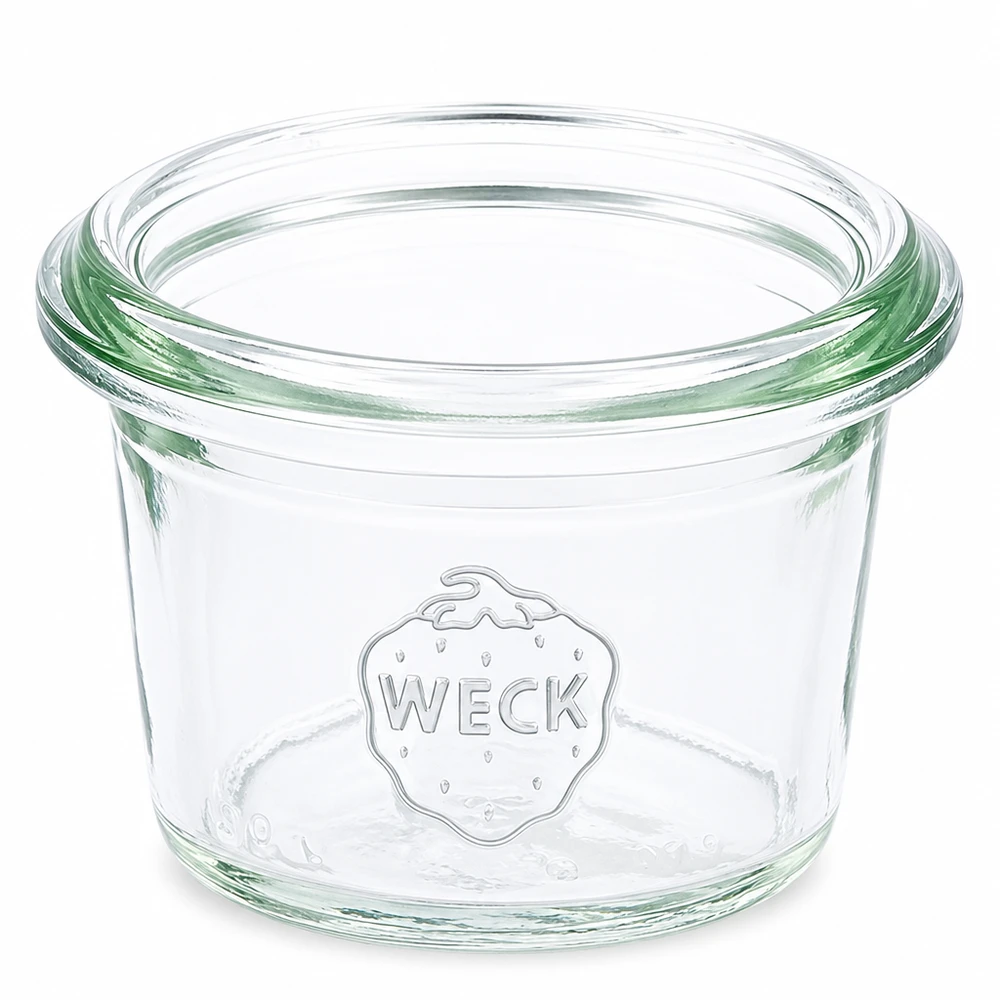 Frasco de vidro transparente WECK 35ml RR40 com logótipo em relevo para conservação e armazenamento