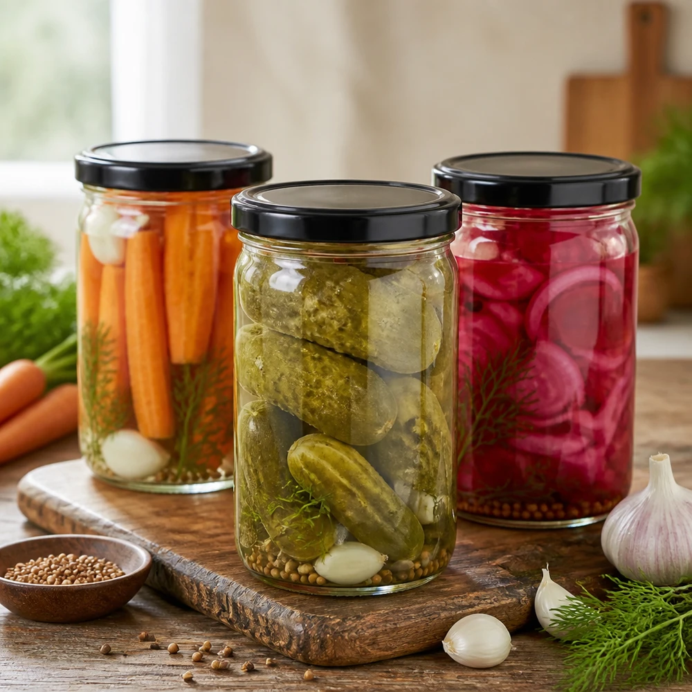 Três copos de 1053 ml com tampas pretas cheios de legumes em conserva, pepinos, cenouras e rabanetes