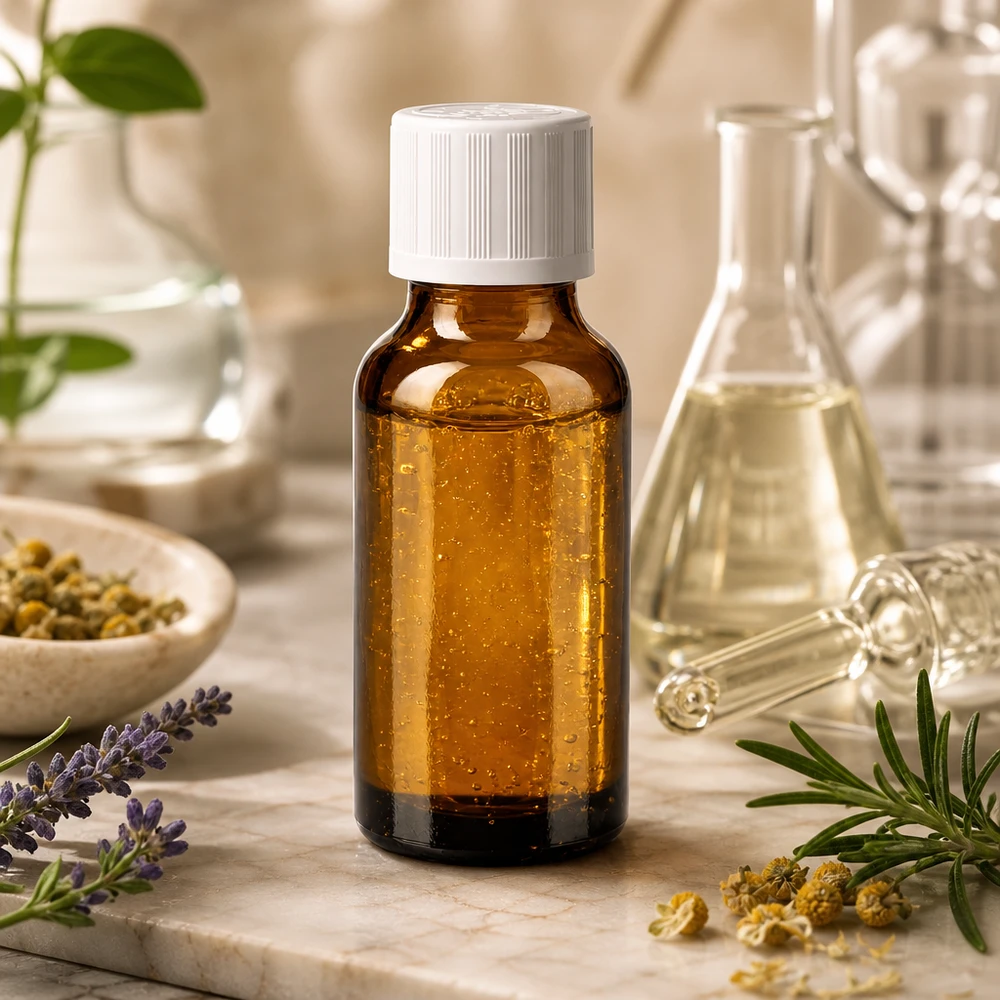 Frasco de farmácia de 20 ml, de vidro castanho com proteção UV e tampa de segurança branca para crianças, ao lado de alecrim e flores de camomila