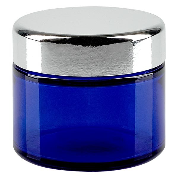 Frasco de vidro de 50ml. azul royal, com tampa de metal prateado. ApoGla
