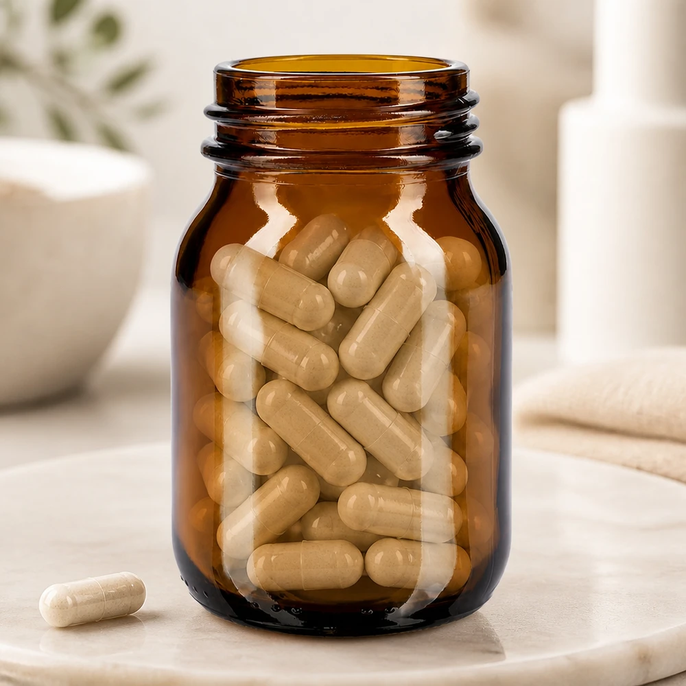 Frasco de vidro âmbar de gargalo largo de 75ml com acabamento de gargalo DIN 40 Frasco compacto de 75 ml em vidro âmbar de gargalo largo com abertura prática DIN 40 para suplementos alimentares