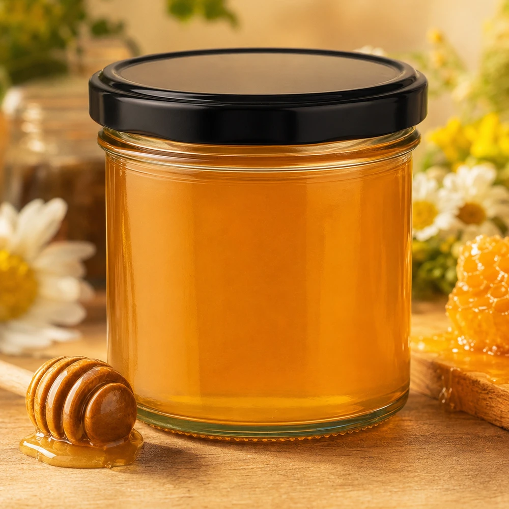 Copos de 125 ml com tampa preta cheios de mel dourado Colher de mel Favo de mel decoração natural
