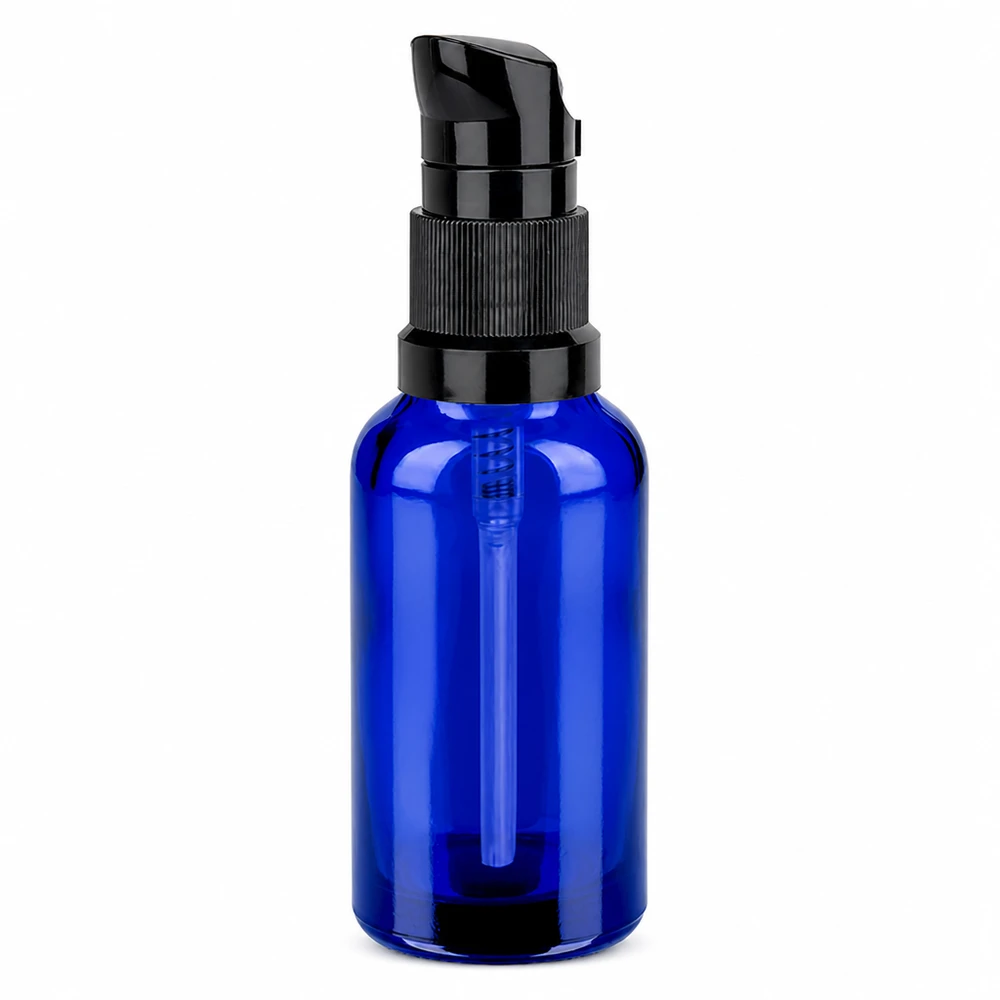 Frasco doseador de 30 ml preto com tampa standard BlueLine UT18/30 Frasco doseador de 30 ml em azul elegante com doseador preto para soros e cosméticos
