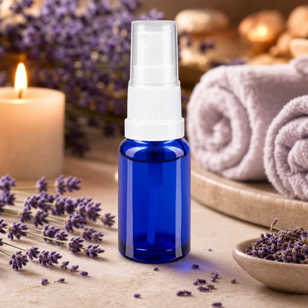 Frasco pulverizador de 10 ml em vidro azul de farmácia com pulverizador branco, entre flores de lavanda e acessórios de spa