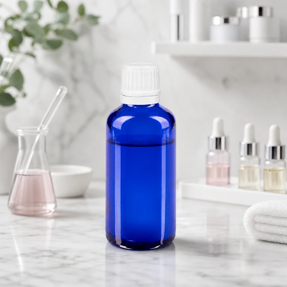 Frasco de vidro azul de 50 ml com tampa de segurança para crianças branca, sobre um fundo de mármore claro
