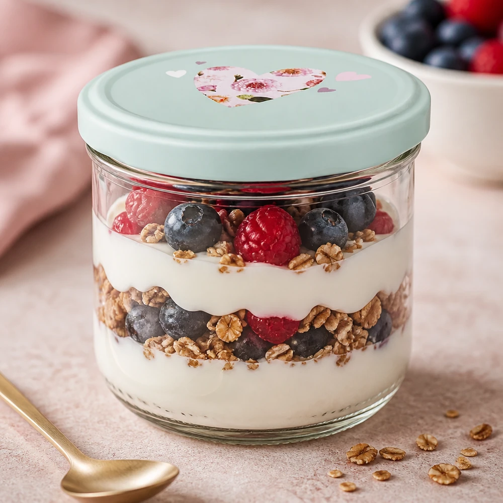Copos de vidro de 260 ml + tampa BasicSeal coração menta UNiTWIST 260ml Sturzglas mit Joghurt-Beeren-Parfait befüllt, BasicSeal Deckel mint mit Herz, Dessertglas für Schichtdesserts