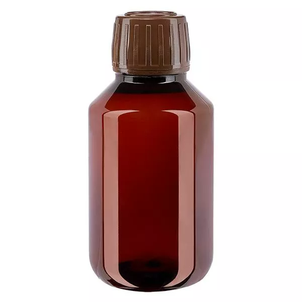 Frasco PET 100ml com tampa inviolável castanha Frasco PET 100ml com tampa inviolável castanha