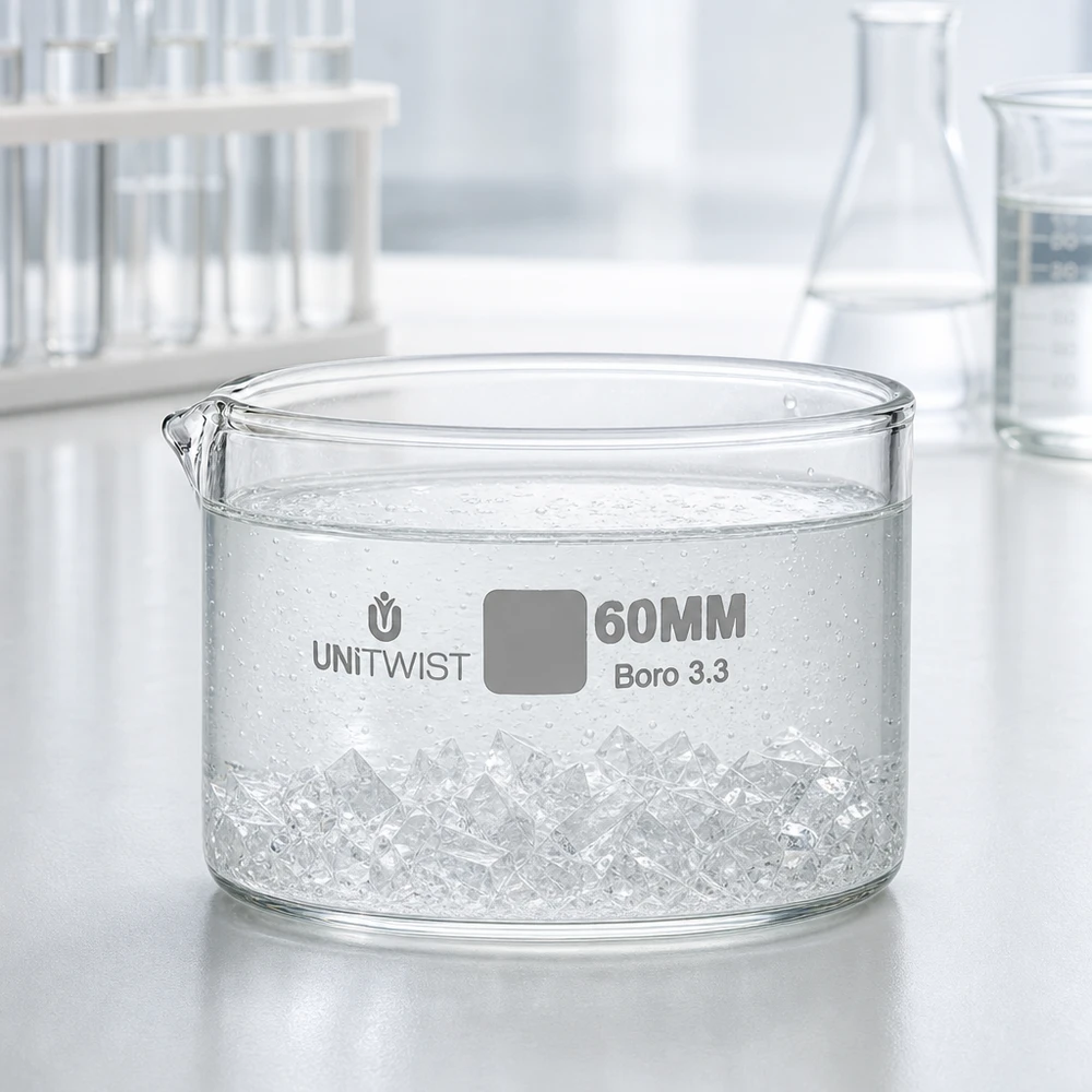Taça rasa de vidro com 60 mm de diâmetro, com cubos de gelo e bolhas de água, no laboratório