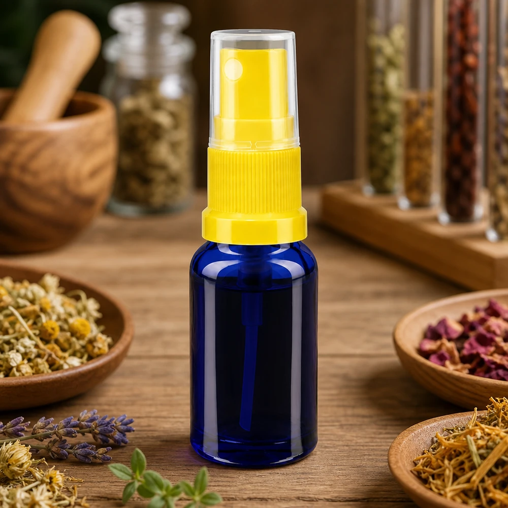 Frasco de farmácia azul 10ml spray top amarelo Frasco de farmácia azul de 10 ml com mecanismo de pulverização amarelo, rodeado por ervas medicinais secas