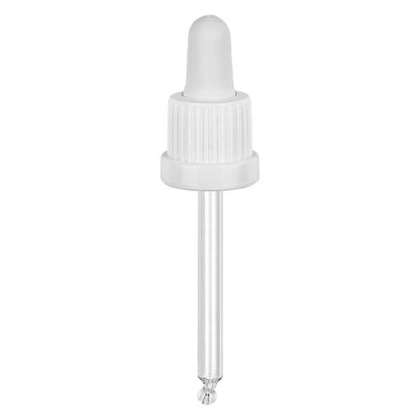 Pipeta conta-gotas de vidro branca/branca 18mm PL66 com fecho inviolável Pipeta conta-gotas de vidro branca/branca 18mm PL66 com fecho inviolável