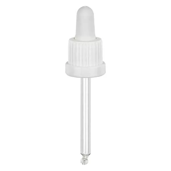 Pipeta conta-gotas de vidro branca/branca 18mm PL66 com fecho inviolável Pipeta conta-gotas de vidro branca/branca 18mm PL66 com fecho inviolável