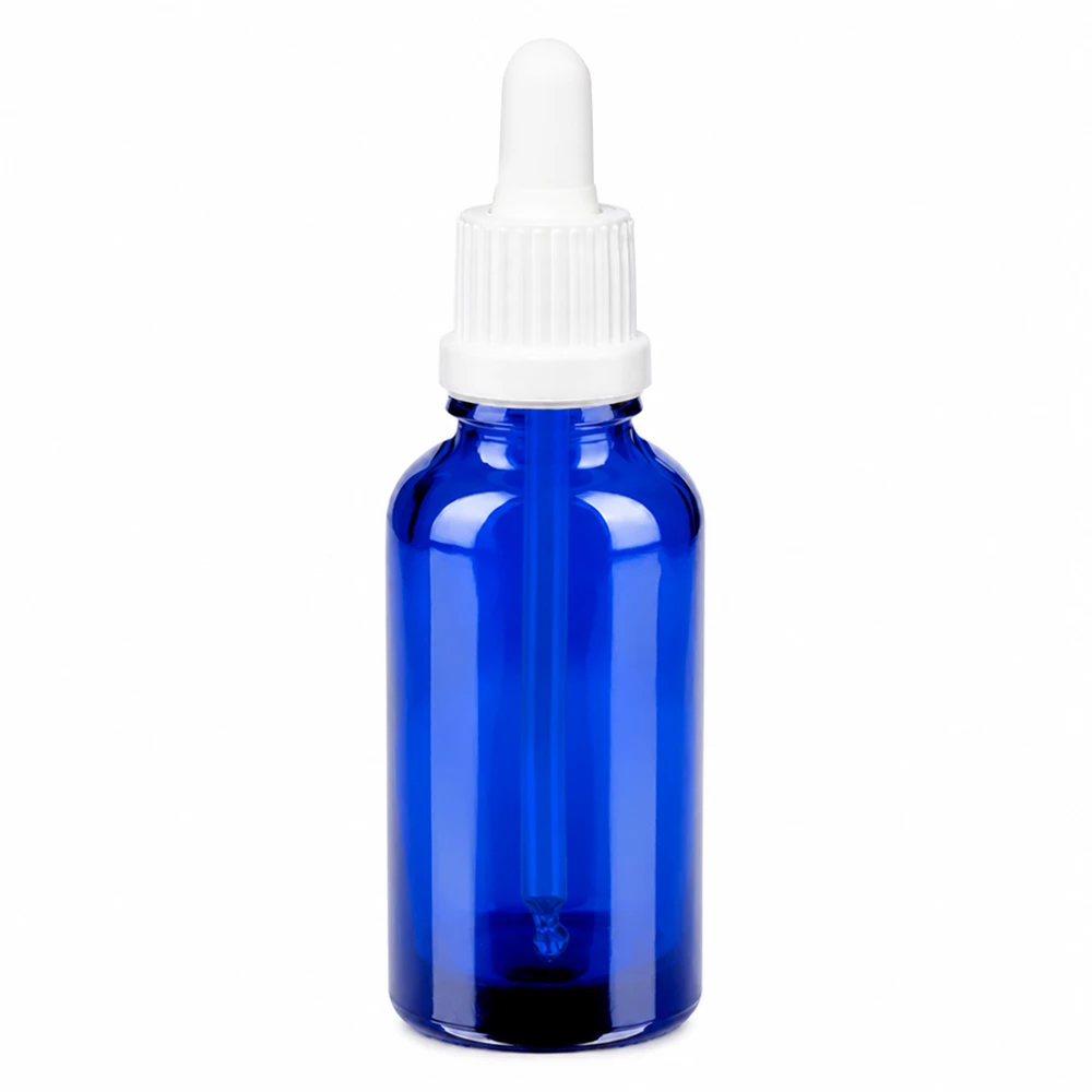 Frasco pipeta de 30ml branco com fecho inviolável BlueLine UT18/30 Frasco de pipeta azul de 30 ml com tampa branca de conta-gotas OV BlueLine UT18 DIN18