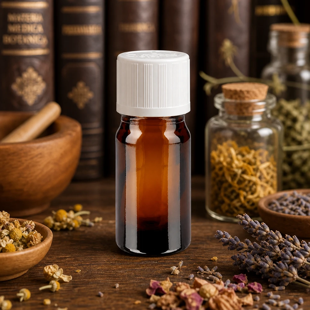 Frasco de vidro castanho de 5 ml com tampa de segurança para crianças branca, entre ervas medicinais secas