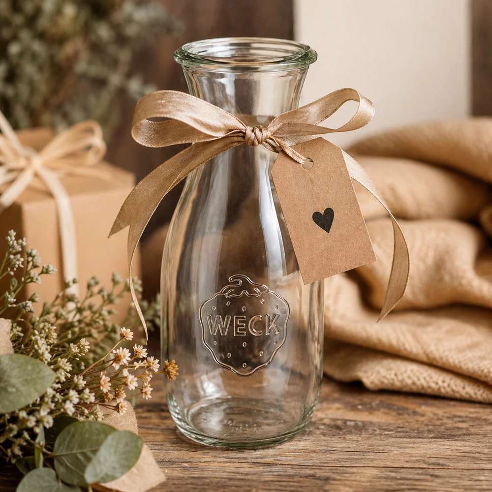 Garrafa para sumo WECK RR60 de 530 ml Garrafa de vidro WECK 530ml RR60 decorativa com laço castanho e etiqueta de oferta sobre mesa de madeira com flores