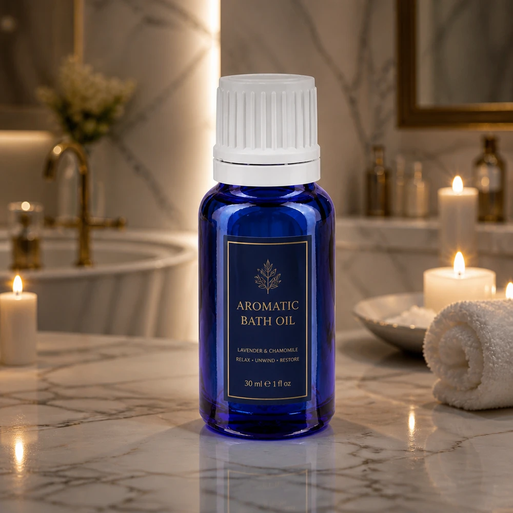 Frasco de vidro azul de 10 ml com tampa de rosca branca, disposto junto a velas e à banheira