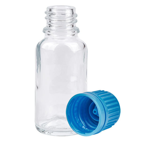 Frasco de 20 ml com tampa de rosca de 11 mm azul com fecho inviolável ClearLine UT18/20 Frasco de 20 ml com tampa de rosca de 11 mm azul com fecho inviolável ClearLine UT18/20