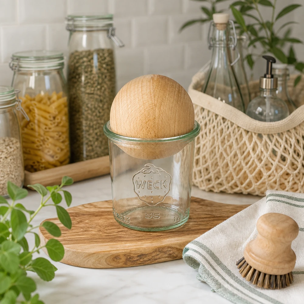 Copos WECK 140ml RR60 com bola de madeira de faia em cozinha sustentável, rodeados por frascos de arrumação e mate natural