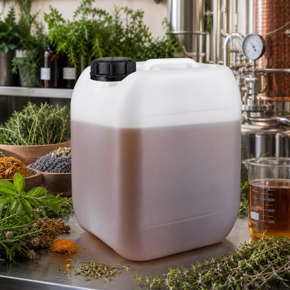 Bidon de plástico branco de 5 L com ervas e um alambique ao fundo