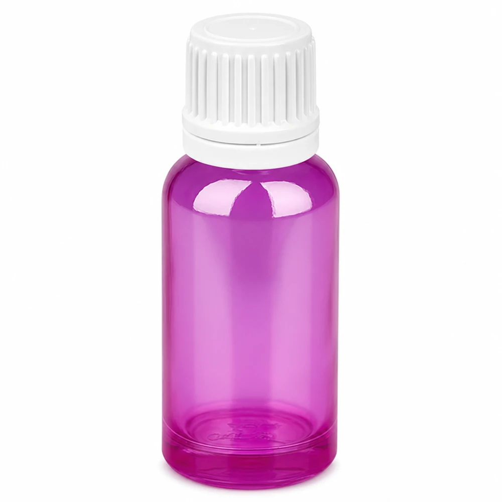 Frasco conta-gotas de 20 ml com tampa de rosca de 0,7 mm branca Originalidade PurpleLine UT18/20 Frasco conta-gotas de 20 ml transparente púrpura com tampa de rosca branca com abertura de 0,7 mm