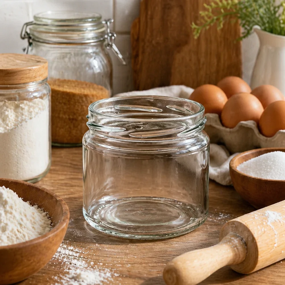 UNiTWIST Runda330 copo redondo de 330 ml TO82 numa cozinha rústica decorada com ingredientes de pastelaria, ovos e utensílios de madeira
