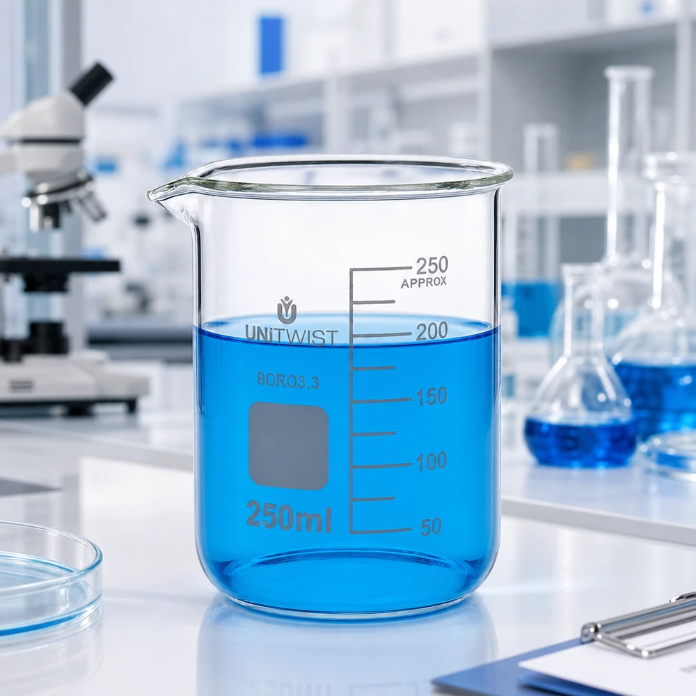 Copo 250 ml de borossilicato, baixo teor de bolor UNiTWIST Copo de vidro UNiTWIST de 250 ml, de formato baixo, em borossilicato 3.3, com líquido azul no laboratório