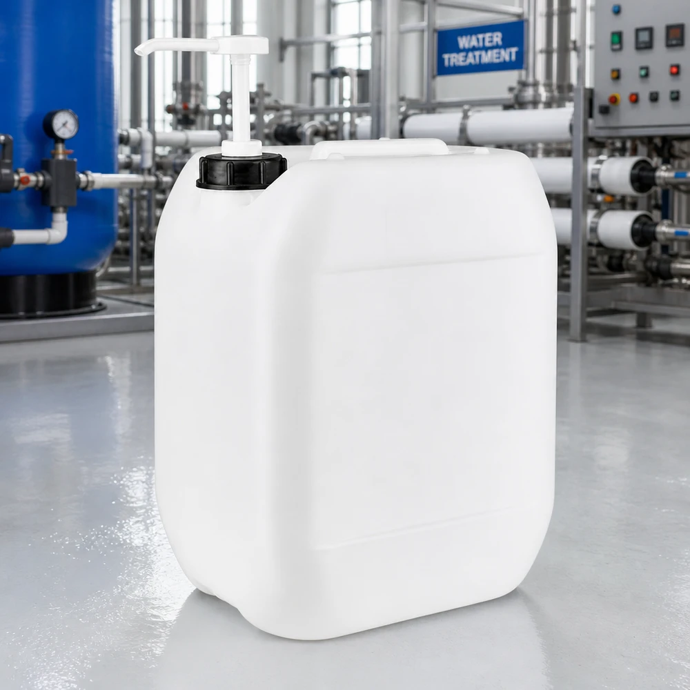 Bidão de 10 litros com bomba doseadora Recipiente resistente de 10 litros com bomba dosadora para sistemas de tratamento de água e produtos químicos