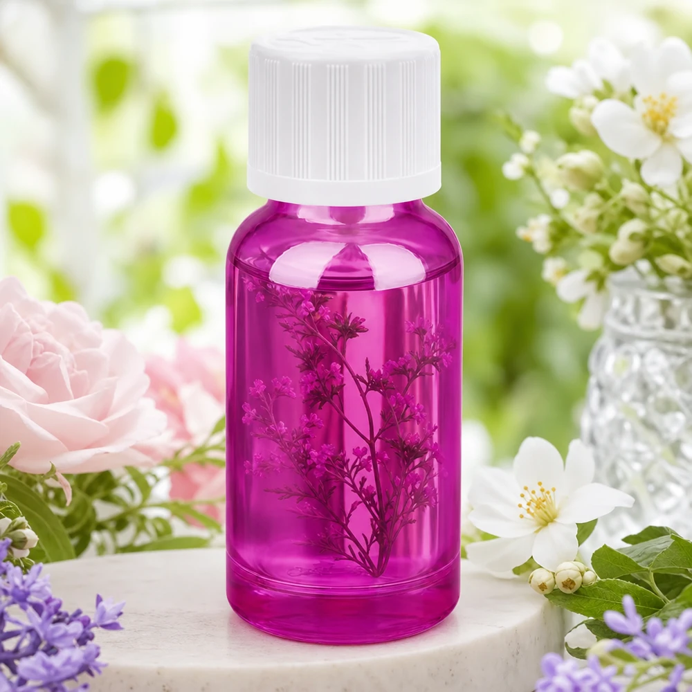 Prático frasco conta-gotas de 20 ml em roxo vibrante com conteúdo botânico para essências naturais