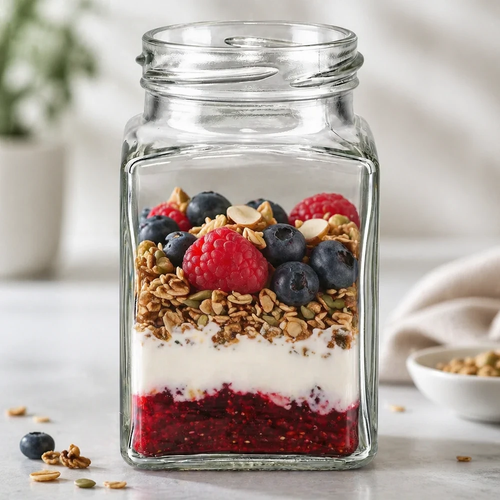 UNiTWIST Tetra260 Frasco de 4 cantos 260ml TO58 com muesli, bagas e iogurte como sobremesa num frasco no balcão da cozinha