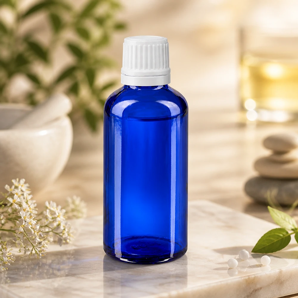 Pequeno frasco de farmácia de 50 ml em vidro azul cobalto com tampa branca com segurança para crianças