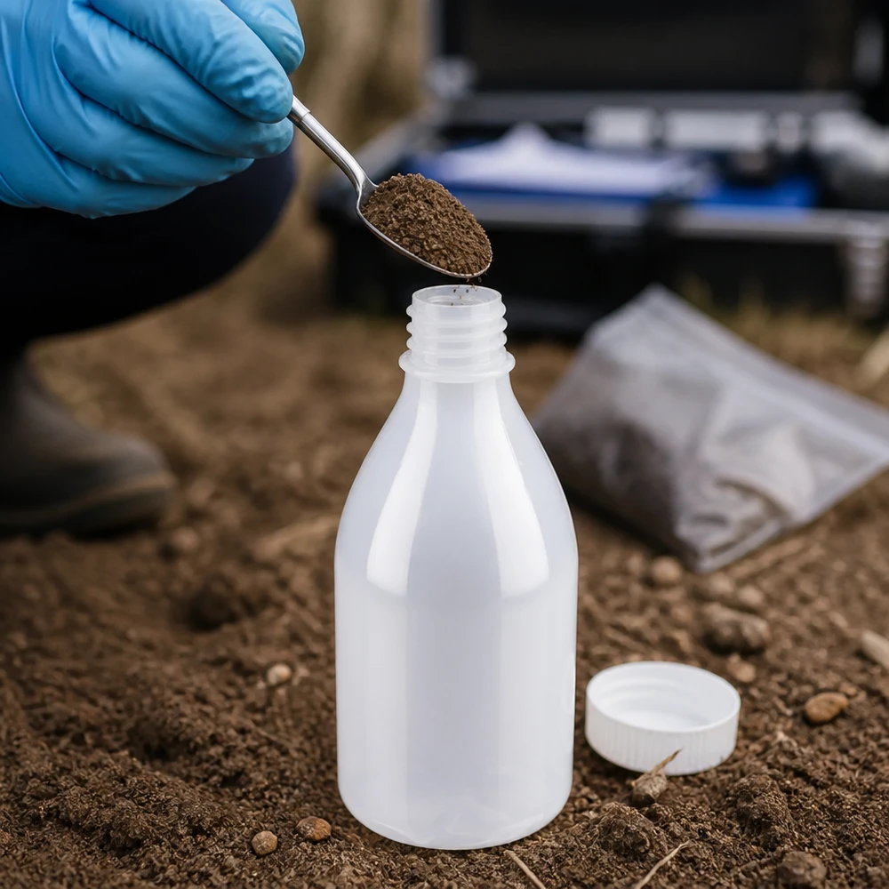 A amostra de solo é colocada com uma espátula num frasco de laboratório de plástico de gargalo estreito com capacidade para 100 ml, sem tampa