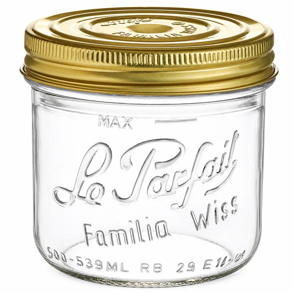 Frasco Familia Wiss de 539 ml com tampa de rosca dourada Frasco de conserva Le Parfait para conservar