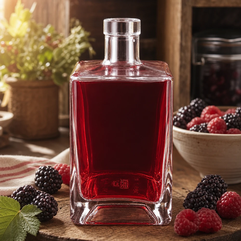 700ml Glasflasche "Gali" ohne Verschluss UNiTWIST® Garrafa de vidro Ben 700ml com enchimento de licor de frutos vermelhos rodeada de amoras e framboesas sobre madeira rústica