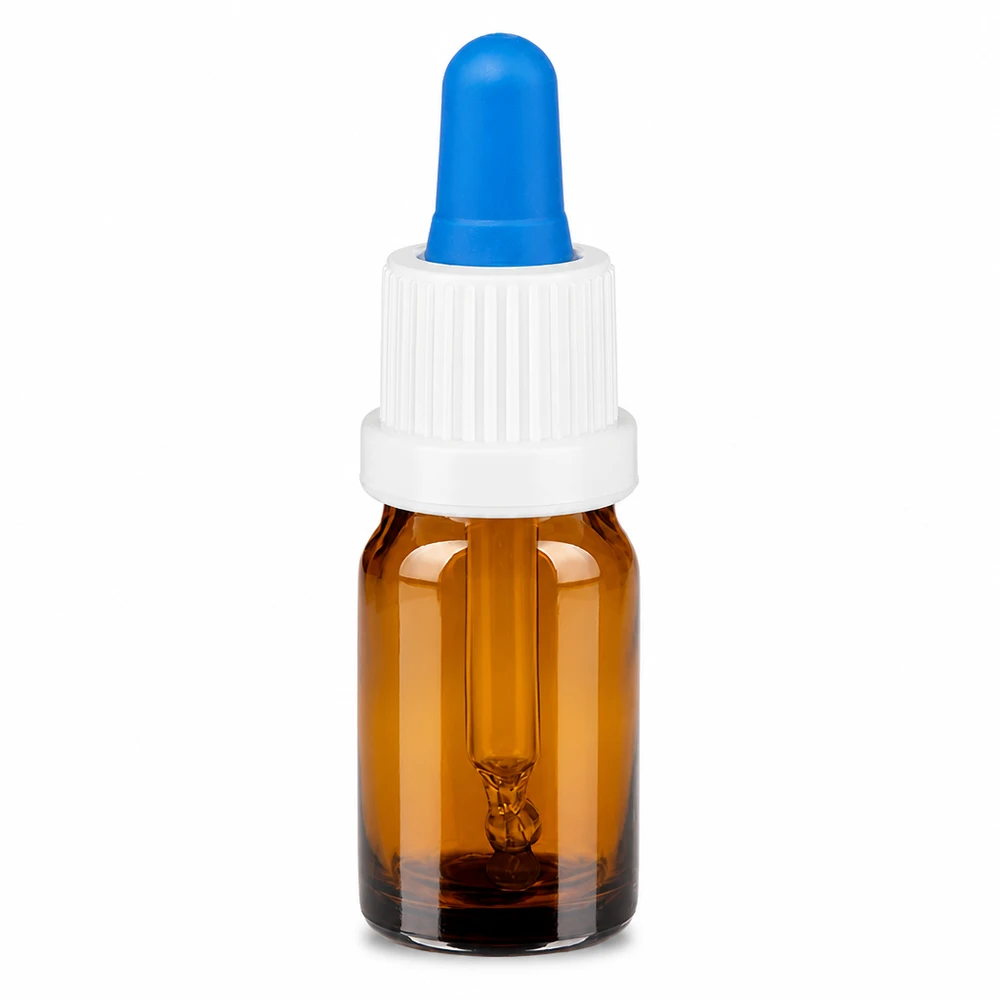 Frasco pipeta de 5 ml branco/azul com fecho inviolável BrownLine UT18/5 Frasco de pipeta de 5 ml em vidro âmbar com tampa branca e pipeta azul para uma dosagem precisa