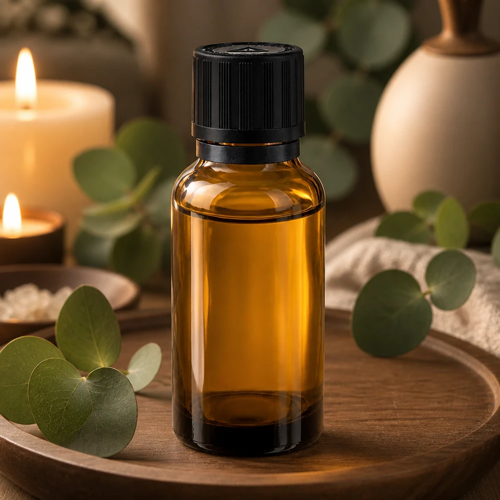 Frasco de farmácia castanho 20ml tampa do conta-gotas anel de vazamento 1mm preto fecho de segurança para crianças símbolo de aviso cego fecho inviolável Frasco de vidro castanho de farmácia de 20 ml com tampa de segurança para crianças e conta-gotas de 1 mm, apresentado numa bandeja de madeira