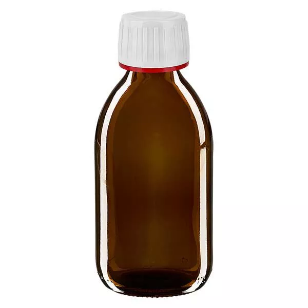 Frasco de medicamento de 250ml castanho, tampa branca com anel inviolável vermelho ApoGlas Frasco de medicamento de 250ml castanho, tampa branca com anel inviolável vermelho ApoGlas
